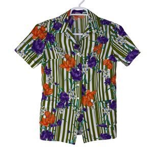Vintage 70s Pykettes Shirt Button Up Womens Small Green Stripe Floral Beach Surf